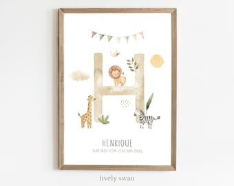 Cartel de nacimiento, safari, león, carta natal, cartel de fechas de nacimiento, anuncio de nacimiento, regalo de nacimiento personalizado, anuncio de nacimiento animales del bosque