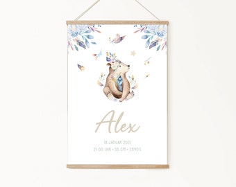 Baby shower gift | Personalized birth poster with birth details | Baby poster woodland animals | Birth announcement for nursery