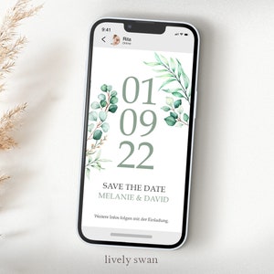 Save the Date Karte - Digital, Online, Whatsapp, Hochzeit, Einladung, Eucalyptus