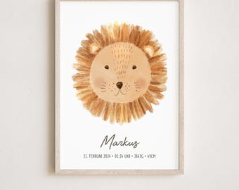 Birth poster Safari, Lion, birth chart, birth date poster, birth announcement, personalized gift birth, birth announcement Safari, Lion