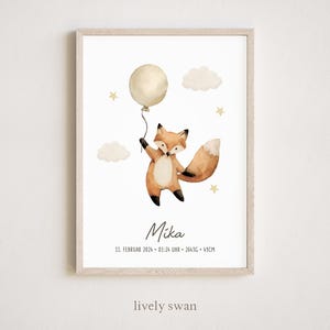 Póster de nacimiento, carta natal, zorro, póster de fecha de nacimiento, anuncio de nacimiento, regalo de nacimiento personalizado, anuncio de nacimiento, animales del bosque, zorro