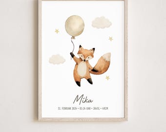 Poster di nascita, tema natale, volpe, poster della data di nascita, annuncio di nascita, regalo di nascita personalizzato, annuncio di nascita, animali della foresta, volpe