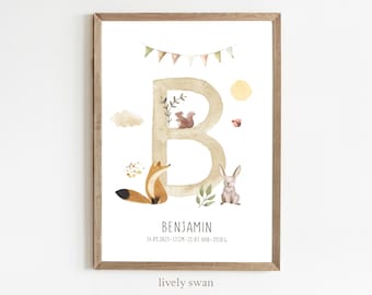 Póster de nacimiento, animales del bosque, carta natal, póster de fecha de nacimiento, anuncio de nacimiento, regalo de nacimiento personalizado, anuncio de nacimiento animales del bosque