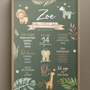 K&ouml;nnte beinhalten: Ein gr&uuml;nes Poster im Stil einer Kreidetafel mit Dschungel-Motiv. Es steht "Zoe" und "Mein 2. Geburtstag" mit dem Datum "19.09.2019". Es listet Informationen &uuml;ber Zoe auf, darunter ihr Gewicht, ihre Gr&ouml;&szlig;e, ihre Lieblingsessen und Dinge, die sie kann. Das Poster zeigt Illustrationen eines L&ouml;wen, Zebras, Giraffen und eines Zahns.