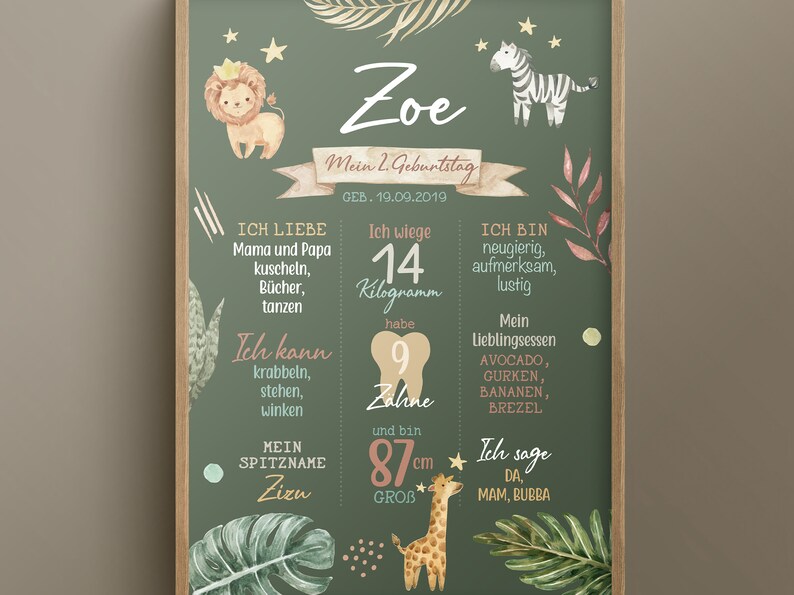 K&ouml;nnte beinhalten: Ein gr&uuml;nes Poster im Stil einer Kreidetafel mit Dschungel-Motiv. Es steht "Zoe" und "Mein 2. Geburtstag" mit dem Datum "19.09.2019". Es listet Informationen &uuml;ber Zoe auf, darunter ihr Gewicht, ihre Gr&ouml;&szlig;e, ihre Lieblingsessen und Dinge, die sie kann. Das Poster zeigt Illustrationen eines L&ouml;wen, Zebras, Giraffen und eines Zahns.