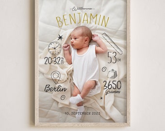 Birth poster, photo poster, birth board, birth date poster, birth announcement, personalized birth gift, birth announcement