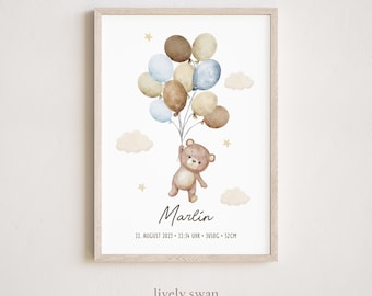 Personalized birth poster with birth details | Baby poster with teddy bear and balloons | Birth announcement for nursery | Gift for newborns