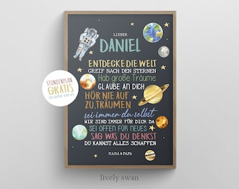 Personalized gift for the start of school, poster with sayings for the schoolchild for the first day of school, astronaut, space, planets, encouragement #101