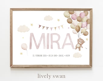 Birth poster, teddy bear, balloons, birth chart, birth date poster, birth announcement, personalized gift birth, birth announcement