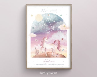 Póster de nacimiento, carta natal, póster de fecha de nacimiento, anuncio de nacimiento, regalo de nacimiento personalizado, anuncio de nacimiento, unicornio, poni, niña