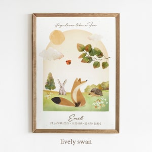 Cartel de nacimiento, carta natal, cartel de fechas de nacimiento, anuncio de nacimiento, regalo personalizado de nacimiento, anuncio de nacimiento, animales del bosque, otoño