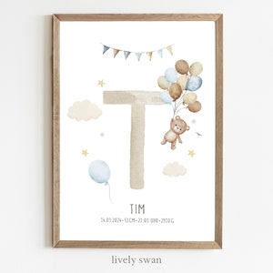 Geboorteposter, teddybeer, ballonnen, geboortehoroscoop, geboortedatumposter, geboortekaartje, gepersonaliseerd geboortecadeau, geboortekaartje
