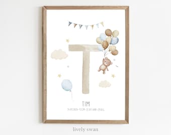 Personalized birth poster with birth details | Baby poster with teddy bear and balloons | Birth announcement for nursery | Gift for newborns