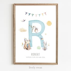 Poster di nascita, animali della foresta, cervi, tema natale, poster della data di nascita, annuncio di nascita, regalo di nascita personalizzato, annuncio di nascita MASCHIO