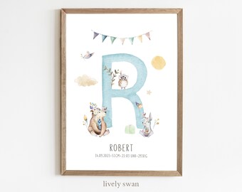 Poster di nascita, animali del bosco, cervi, bacheca per annunci di nascita, poster con i dati di nascita, annuncio di nascita, regalo di nascita personalizzato, annuncio di nascita MASCHIO