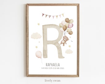Birth poster, teddy bear, balloons, birth chart, birth date poster, birth announcement, personalized gift birth, birth announcement