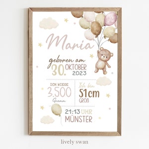 May include: A watercolor illustration of a baby girl's birth announcement with a teddy bear holding balloons. The announcement includes the baby's name, Maria, birth date, weight, height, and time of birth. The text reads: *Maria geboren am 30. OKTOBER 2023 ICH WIEGE 3.500 Gramm Ich bin 51cm GROB 21:13 UHR M&Uuml;NSTER lively swan