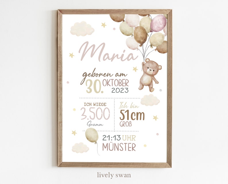 May include: A watercolor illustration of a baby girl's birth announcement with a teddy bear holding balloons. The announcement includes the baby's name, Maria, birth date, weight, height, and time of birth. The text reads: *Maria geboren am 30. OKTOBER 2023 ICH WIEGE 3.500 Gramm Ich bin 51cm GROB 21:13 UHR M&Uuml;NSTER lively swan