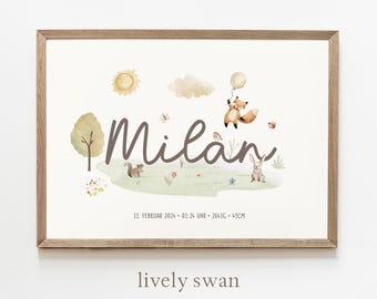 Baby shower gift | Personalized birth poster with birth details | Woodland animal baby poster | Birth announcement for nursery | Name poster