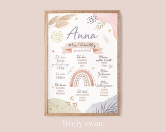Personalized milestone poster for a first birthday, boho rainbow design – also suitable for 2nd, 3rd, 4th, and 5th birthdays – natural paper print
