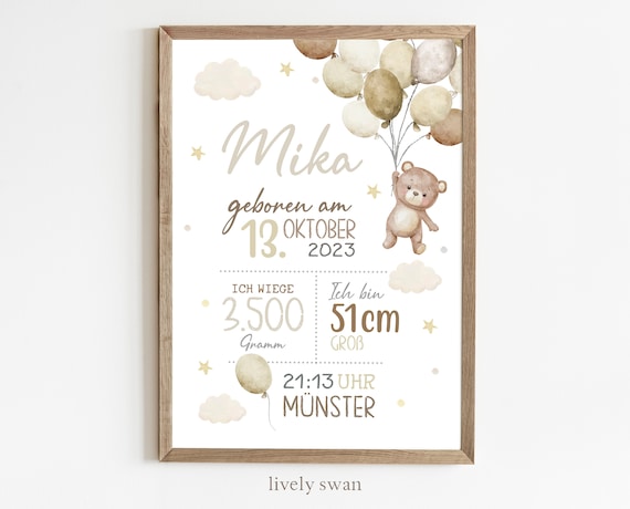 Geschenk zur Geburt | Personalisiertes Geburtsposter mit Geburtsdaten | Baby Poster Teddy mit Luftballons | Geburtsanzeige Kinderzimmer