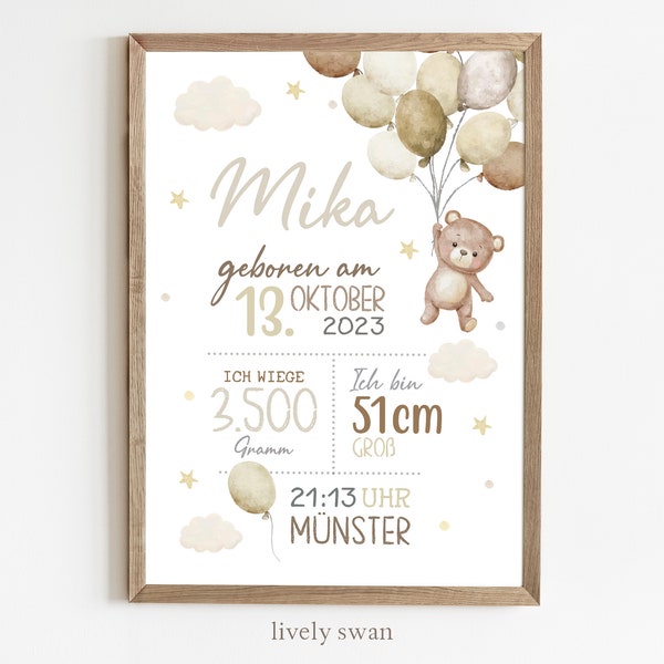 Kraamcadeau | Gepersonaliseerde geboorteposter met geboortegegevens | Babyposter met teddybeer en ballonnen | Geboorteaankondiging voor de babykamer