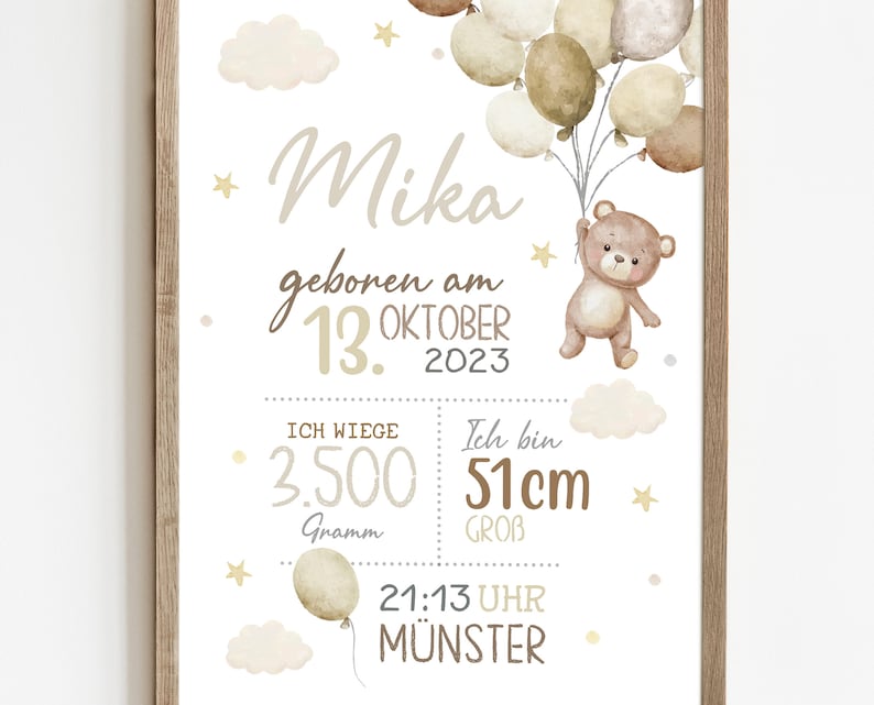 May include: A white and beige baby announcement poster with a brown teddy bear holding balloons. The poster includes the name "Mika", the date "October 13, 2023", the time "21:13", and the location "M&uuml;nster". The poster also includes the baby's weight "3,500 grams" and length "51 cm".