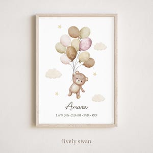 Geboorteposter teddybeer, geboortehoroscoop, geboortedata poster ballonnen, geboortekaartje, geboortecadeau, geboortekaartje ballonnen