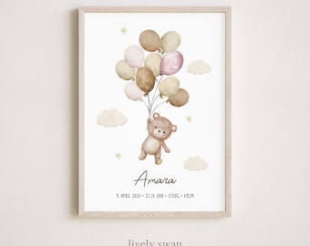 Personalized birth poster with birth details | Baby poster with teddy bear and balloons | Birth announcement for nursery | Gift for newborns