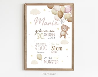 Personalized birth poster with birth details | Baby poster with teddy bear and balloons | Birth announcement for nursery | Gift for newborns