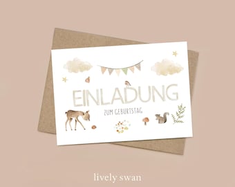 Invitation cards children's birthday-forest animals-woodland-deer-rainbow-invitation for children-children's birthday-DIN A6-natural paper