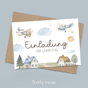 Einladungskarten Kindergeburtstag-Partyeinladungen-Flugzeuge-Themenparty-Einladung für Kinder-Kindergeburtstag-DIN A6-Naturpapier