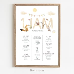 Meilensteintafel 1. Geburtstag, Tiere, Kinderzimmer, personalisiert, Geschenk zum ersten Geburtstag, Poster, Waldtiere