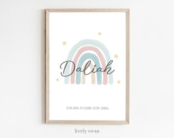Cadeau de naissance | Affiche de naissance personnalisée avec les détails de la naissance | Affiche bébé arc-en-ciel | Affiche avec prénom | Annonce de naissance pour la chambre du bébé