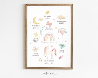 Può includere: Una stampa ad acquerello con un unicorno, un arcobaleno e stelle. La stampa presenta affermazioni positive in tedesco, come "Ich bin stolz auf mich" (Sono orgoglioso di me stesso) e "Ich bin einzigartig" (Sono unico).