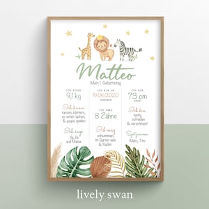Safari, Meilensteintafel 1. Geburtstag, Geburtstagsposter, personalisiert,, Wild one, Löwe, Tiere, Giraffe, Zebra, Neutral