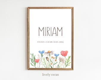 Póster de nacimiento, carta natal, póster de fecha de nacimiento, anuncio de nacimiento, regalo de nacimiento personalizado, anuncio de nacimiento, flores
