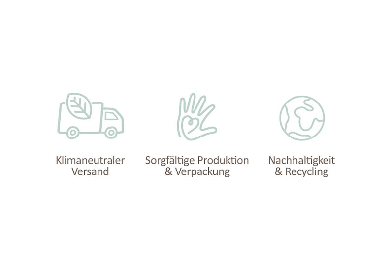 K&ouml;nnte beinhalten: Drei Symbole, die einen LKW mit einem Blatt, eine Hand mit einem Herzen und einen Globus darstellen. Der Text unter den Symbolen lautet "Klimaneutraler Versand", "Sorgf&auml;ltige Produktion & Verpackung" und "Nachhaltigkeit & Recycling".
