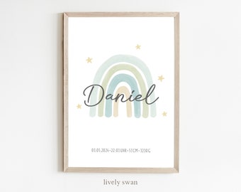 Cadeau de naissance | Affiche de naissance personnalisée avec les détails de la naissance | Affiche bébé arc-en-ciel | Affiche avec prénom | Annonce de naissance pour la chambre du bébé