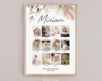Póster con foto, pampas, flores secas, boho, collage de fotos, personalizado, póster de mi primer año, póster de cumpleaños, póster de primer año,