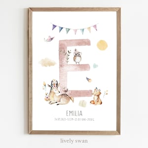 Cartel de nacimiento, animales del bosque, ciervos, carta natal, cartel de fechas de nacimiento, anuncio de nacimiento, regalo de nacimiento personalizado, anuncio de nacimiento niña