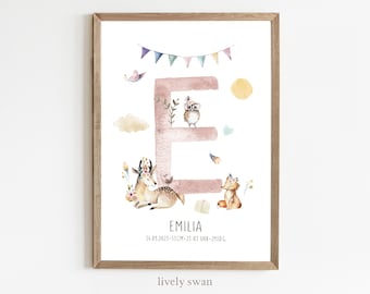 Poster di nascita, animali della foresta, cervi, tema natale, poster della data di nascita, annuncio di nascita, regalo di nascita personalizzato, annuncio di nascita bambina