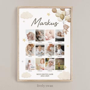 Póster con foto, osito de peluche, globo, collage de fotos, personalizado, póster de mi primer año, póster de cumpleaños, póster de primer año,