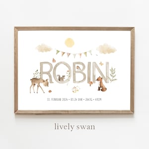 Cartel de nacimiento, animales del bosque, carta natal, cartel de fechas de nacimiento, anuncio de nacimiento, regalo de nacimiento personalizado, anuncio de nacimiento animales del bosque