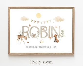 Poster nascita, animali del bosco, tema natale, poster date di nascita, annuncio nascita, regalo nascita personalizzato, annuncio nascita animali del bosco