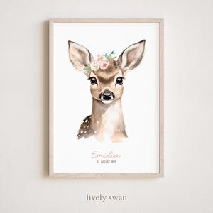 Poster, Kinderzimmer, Reh, Waldtiere Poster, Namensposter, Geburtsanzeige, personalisiertes Geschenk Kinderzimmer,Reh