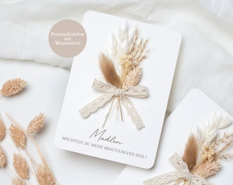 Carte personnalisable demandant demoiselle d'honneur, demoiselle d'honneur, carte avec fleurs séchées, dicton individuel, personnalisée, A6, papier naturel