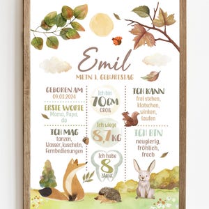 Meilensteintafel 1. Geburtstag, Wald, Waldtiere, personalisiert, Meilensteinposter