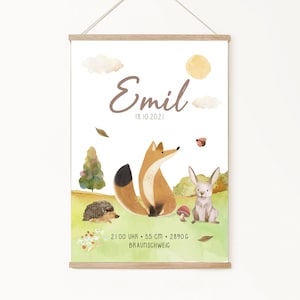 Cartel de nacimiento, carta natal, cartel de fechas de nacimiento, anuncio de nacimiento, regalo personalizado de nacimiento, anuncio de nacimiento, animales del bosque, zorro
