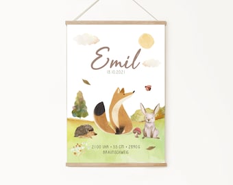 Baby Gift | Personalized Birth Poster with Birth Details | Baby Poster Woodland Animals Fox & Hare | Birth Announcement for Nursery